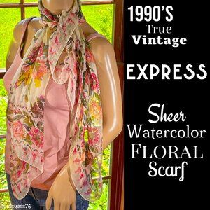 🆕VTG▪️EXPRESS▪️1990's Sheer Crepe Watercolor Floral Scarf